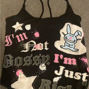 Black Graphic Tank Top Body Suit with Pink and White Kawaii accents  Designer